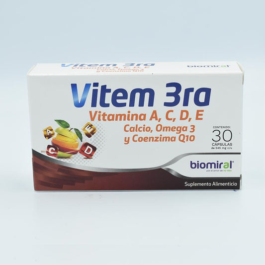 VITAMINA A,C,D,E,CALCIO,OMEGA 3 Y COENZIMA Q10 CAJA CON 30 CAPSULAS( VITEM 3ra )