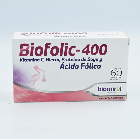 VITAMINA C, HIERRO, PROTEINA DE SOYA Y ACIDO FOLICO 190MG. CAJA CON 60 TABLETAS (BIOFOLIC 400)